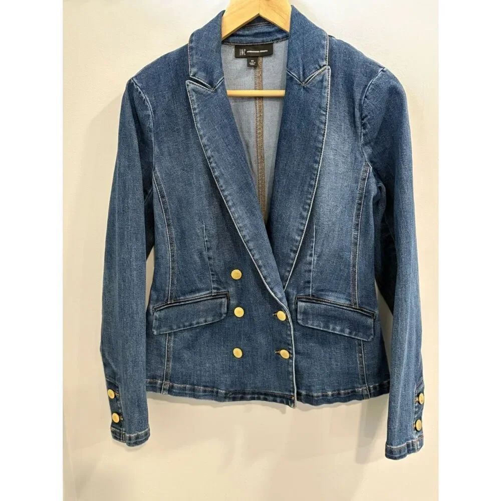 INC International Concepts Women's Blue Denim Double-Breasted Blazer